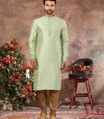 Pista green jacquard zari booti kurta pajama set with threadwork