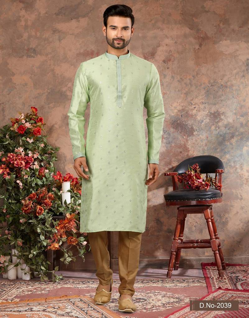 Pista green jacquard zari booti kurta pajama set with threadwork