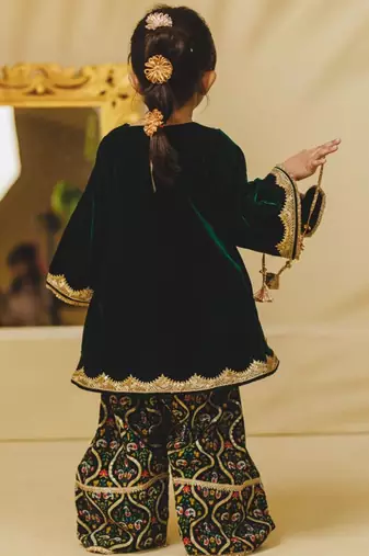 Green embroidered velvet kurti set