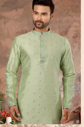 Pista green jacquard zari booti kurta pajama set with threadwork