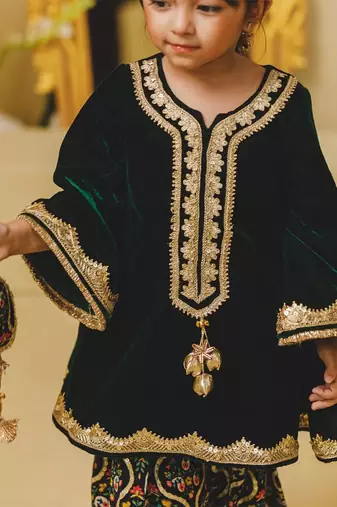 Green embroidered velvet kurti set