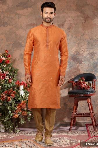 Orenge jacquard zari booti kurta pajama set with threadwork