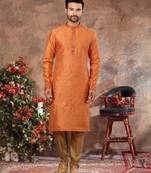 Orenge jacquard zari booti kurta pajama set with threadwork