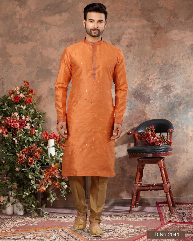 Orenge jacquard zari booti kurta pajama set with threadwork