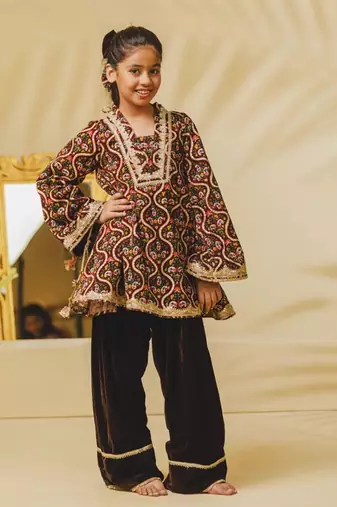 Brown printed velvet kurti set