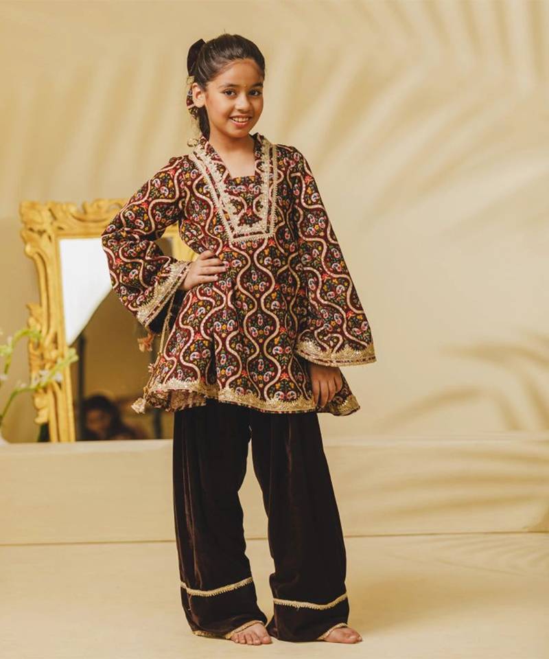 Brown printed velvet kurti set