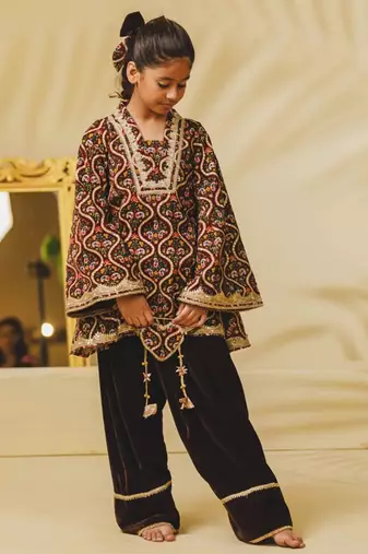 Brown printed velvet kurti set