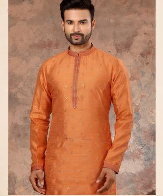 Orenge jacquard zari booti kurta pajama set with threadwork 2