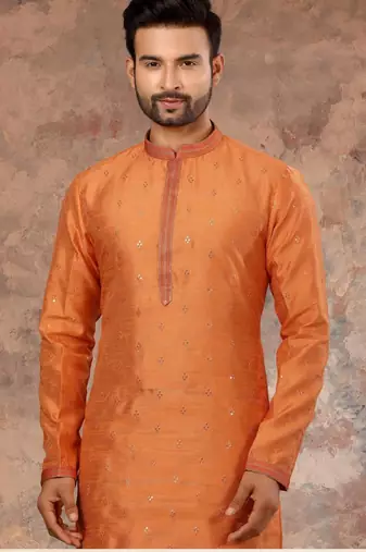 Orenge jacquard zari booti kurta pajama set with threadwork