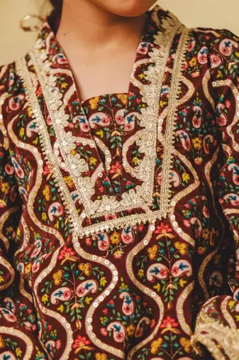 Brown printed velvet kurti set