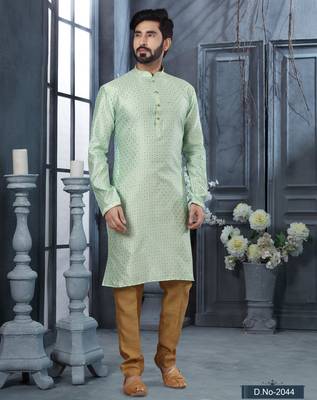 Sea green jacquard zari booti kurta pajama set with threadwork 1