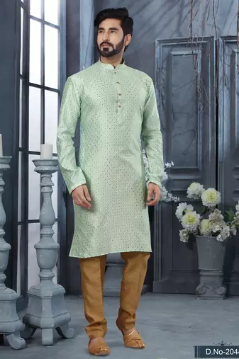 Sea green jacquard zari booti kurta pajama set with threadwork