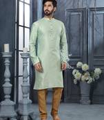 Sea green jacquard zari booti kurta pajama set with threadwork