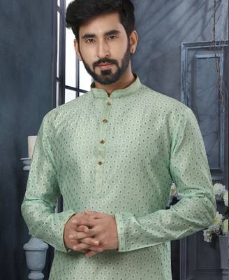 Sea green jacquard zari booti kurta pajama set with threadwork 2