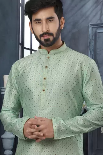 Sea green jacquard zari booti kurta pajama set with threadwork