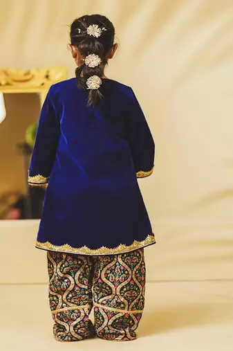 Blue embroidered velvet kurti set