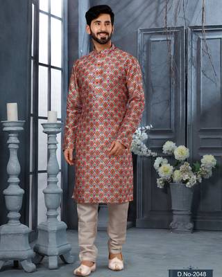 Multy colour digital-printed silk kurta pajama set with threadwork neckline 1