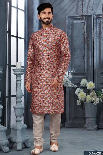 Multy colour digital-printed silk kurta pajama set with threadwork neckline