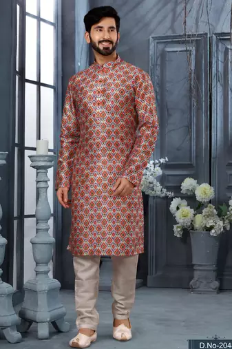 Multy colour digital-printed silk kurta pajama set with threadwork neckline