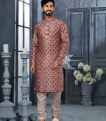 Multy colour digital-printed silk kurta pajama set with threadwork neckline