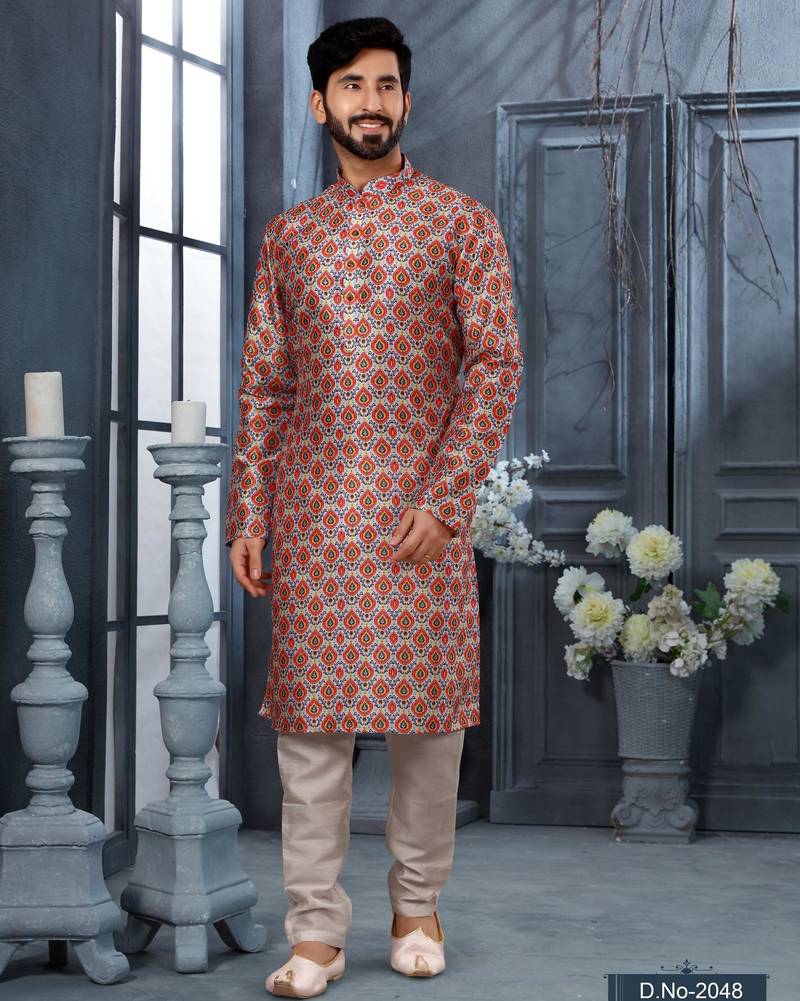 Multy colour digital-printed silk kurta pajama set with threadwork neckline