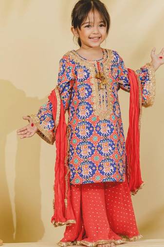 Blue embroidered cotton sharara set