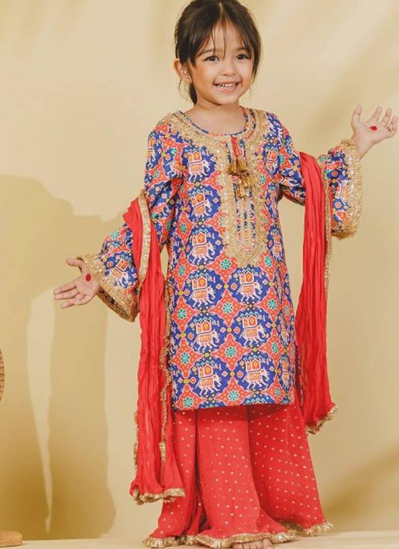 Blue embroidered cotton sharara set