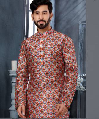 Multy colour digital-printed silk kurta pajama set with threadwork neckline 2