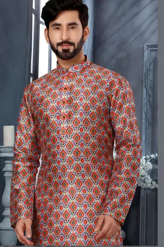 Multy colour digital-printed silk kurta pajama set with threadwork neckline