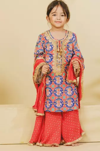 Blue embroidered cotton sharara set