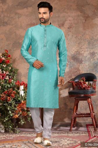 Sky blue jacquard zari booti kurta pajama set with threadwork