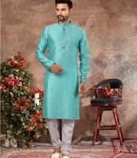 Sky blue jacquard zari booti kurta pajama set with threadwork