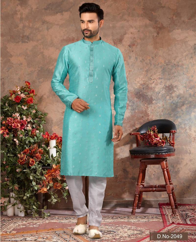 Sky blue jacquard zari booti kurta pajama set with threadwork