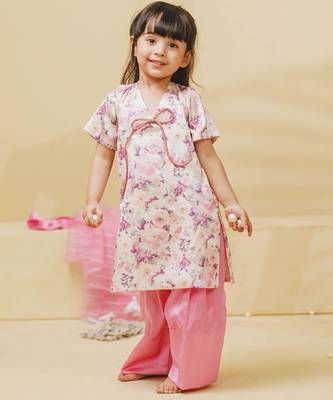 Off white pink printed satin kurti set 1