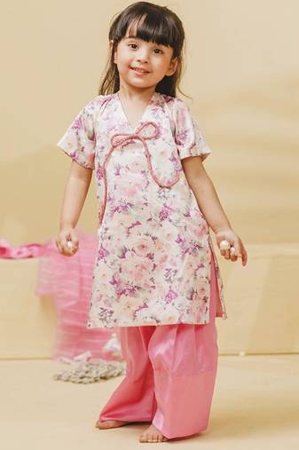Off white pink printed satin kurti set
