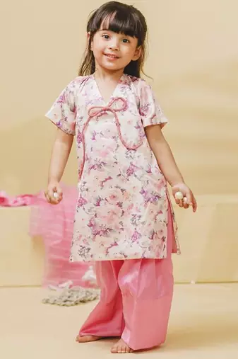Off white pink printed satin kurti set
