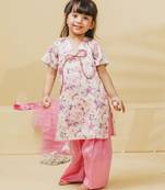 Off white pink printed satin kurti set