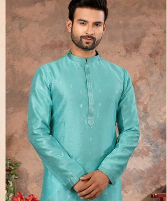 Sky blue jacquard zari booti kurta pajama set with threadwork 2