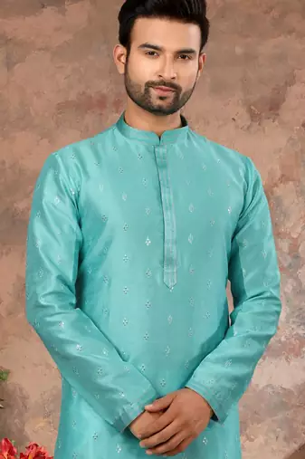 Sky blue jacquard zari booti kurta pajama set with threadwork