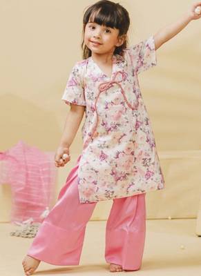 Off white pink printed satin kurti set 2