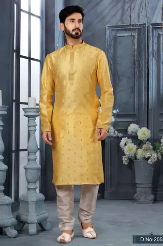 Yellow jacquard zari booti kurta pajama set with threadwork