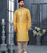Yellow jacquard zari booti kurta pajama set with threadwork