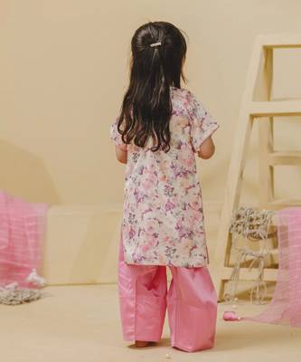 Off white pink printed satin kurti set 3