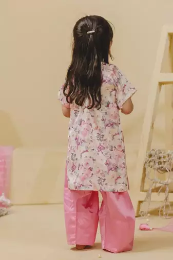 Off white pink printed satin kurti set