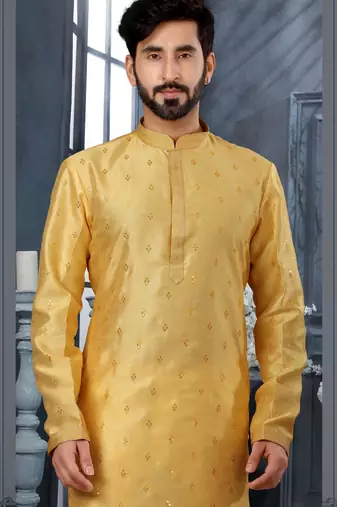Yellow jacquard zari booti kurta pajama set with threadwork