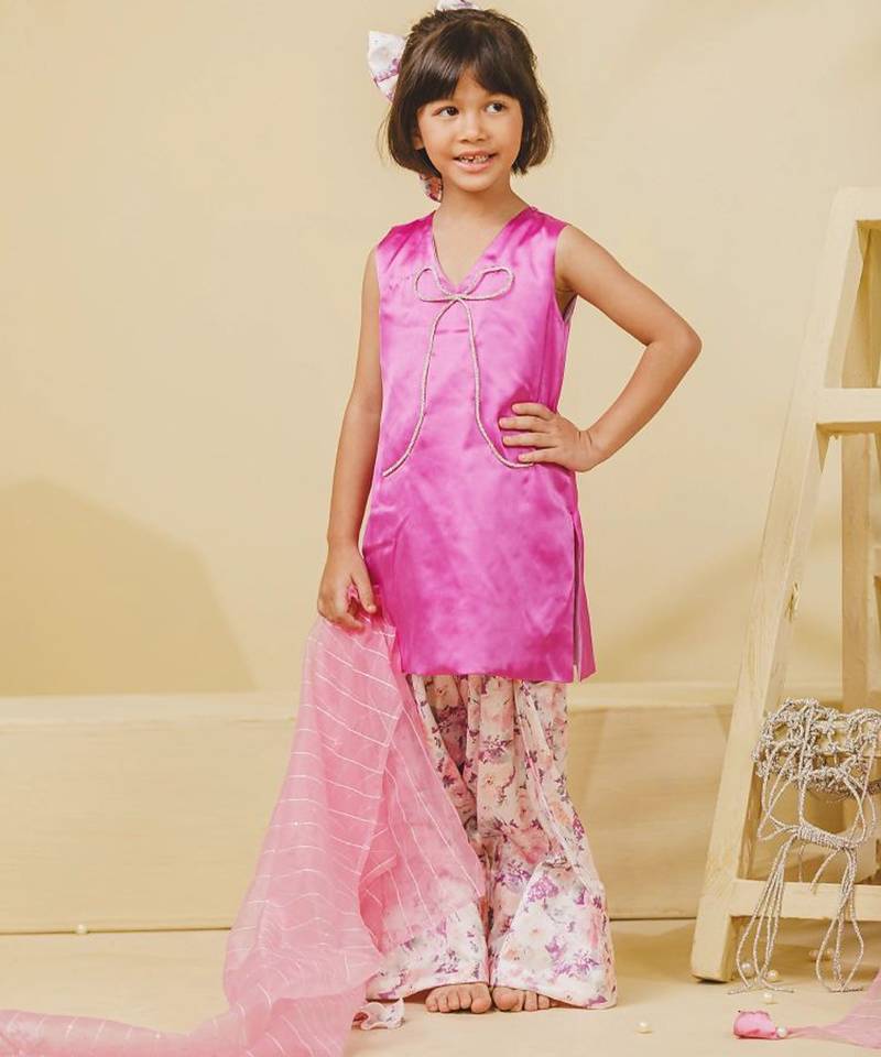 Purple embroidered satin kurti set