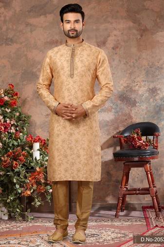 Peach colour digital-printed silk kurta pajama set with threadwork neckline