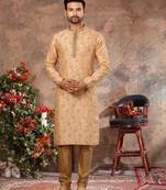 Peach colour digital-printed silk kurta pajama set with threadwork neckline