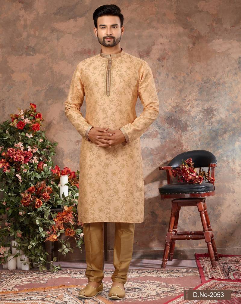 Peach colour digital-printed silk kurta pajama set with threadwork neckline
