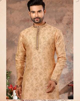 Peach colour digital-printed silk kurta pajama set with threadwork neckline 2